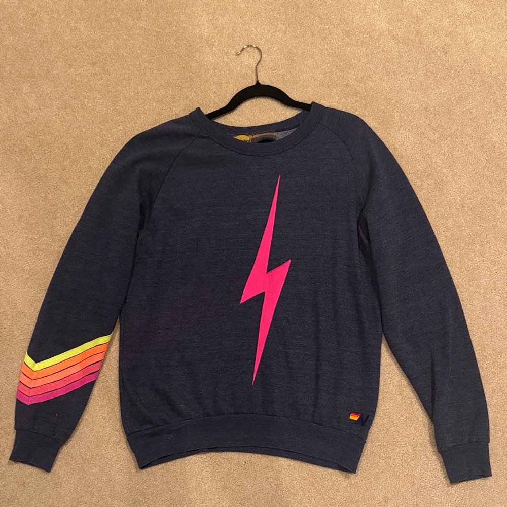 Aviator Nation Dark Blue Sweatshirt with Pink Lightning Bolt